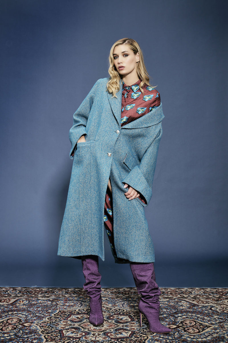 Ocean-colored wool herringbone coat