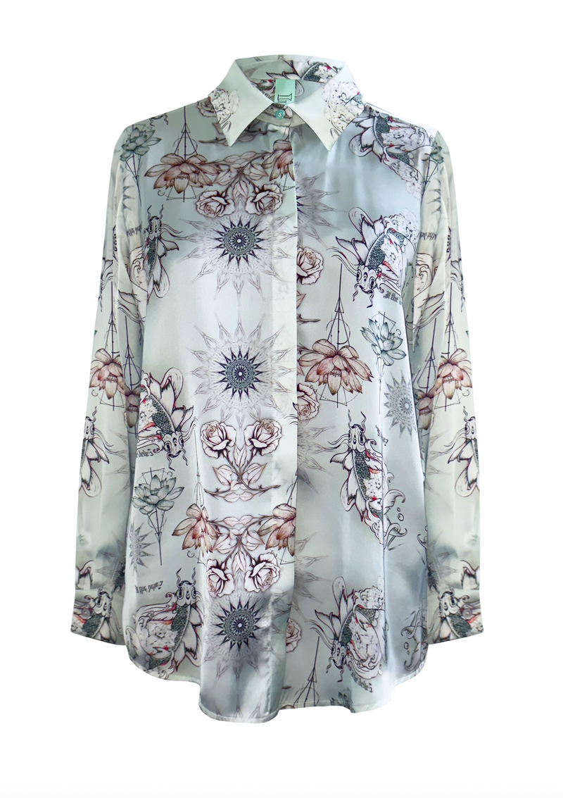 Oversized satin shirt with tattoo print