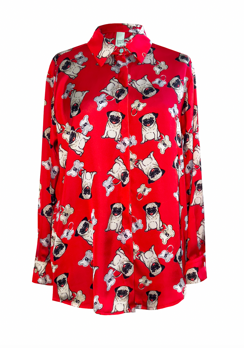 Oversized pug print satin shirt