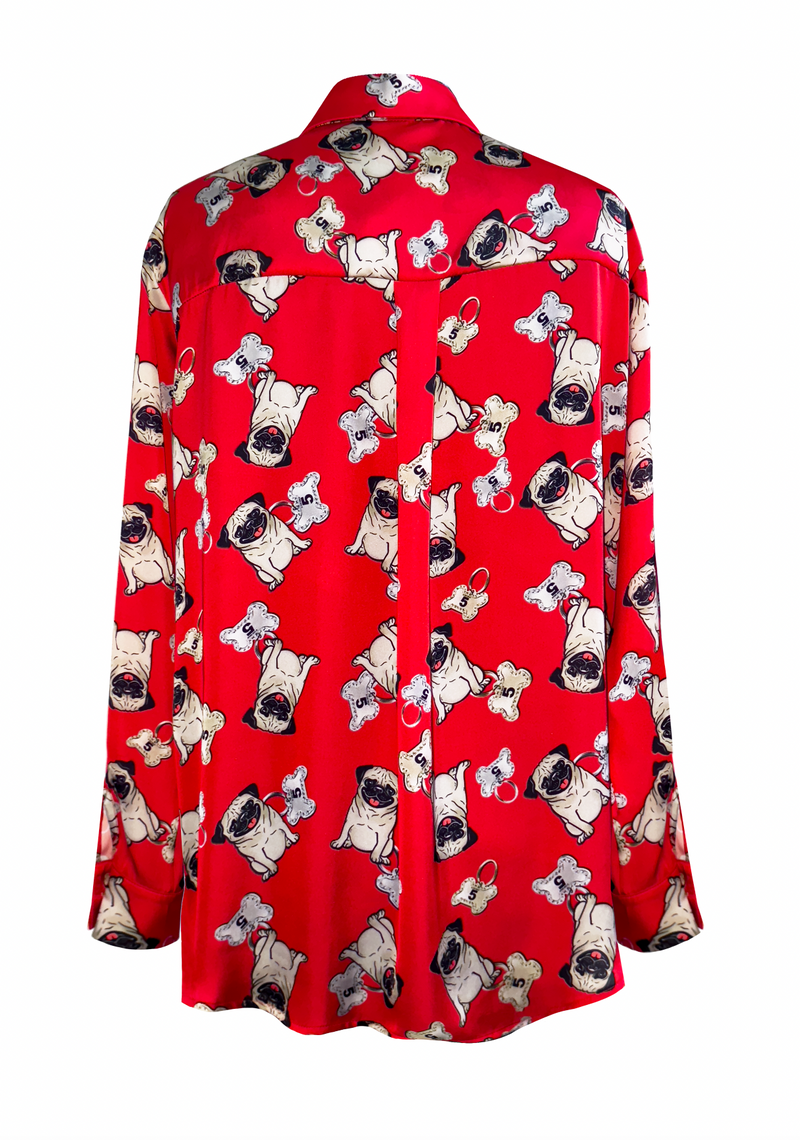 Oversized pug print satin shirt