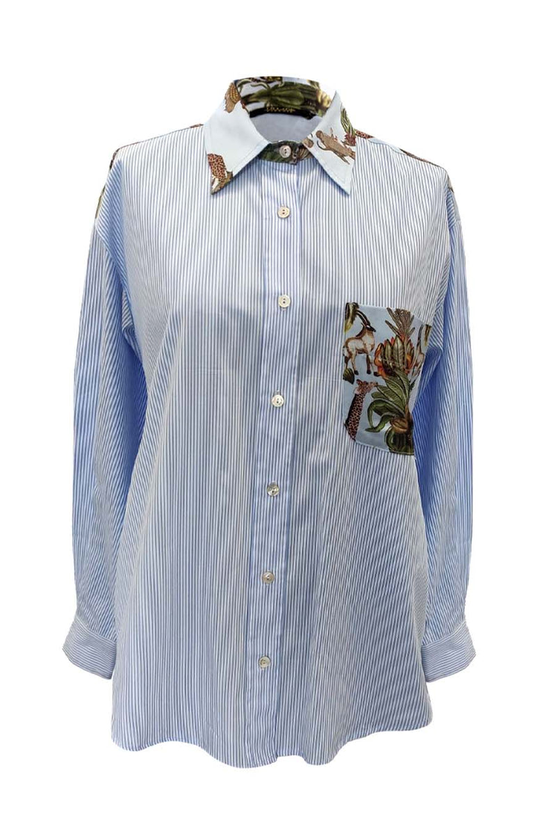 Camicia in popeline gessato con dettagli in fantasia Safari