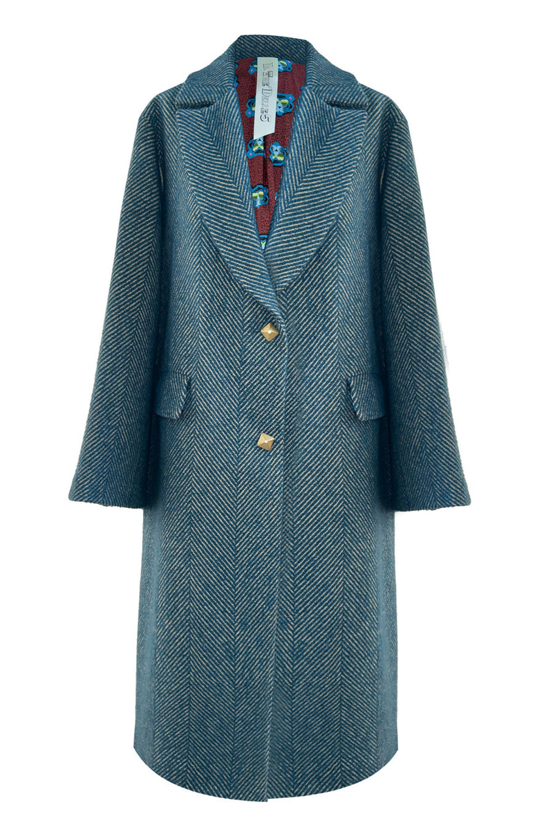 Ocean-colored wool herringbone coat